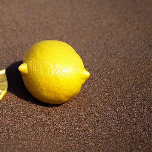 Image similar to a lemon in shape of a human with legs of lemons and round body, arms of lemons, relaxing on a beach, very realistic, high quality, volumetric light