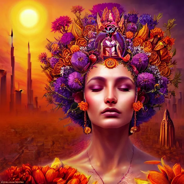 Prompt: Beautiful 3d render of the flower queen goddess in a sensual pose, centered, symmetry, with the third eye on her forehead, painted, intricate, volumetric lighting, beautiful, rich deep colours masterpiece, sharp focus, ultra detailed, in the style of Dan Mumford and marc simonetti, with a clear crowded futuristic cyberpunk dubai city in the background, astrophotography