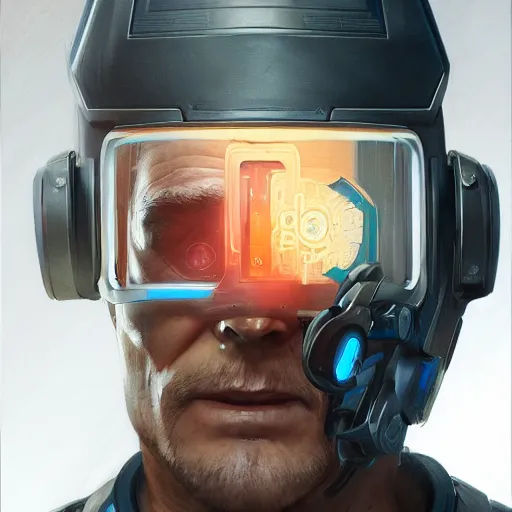 Image similar to science-fiction character portrait of Soldier 76 from Overwatch, wearing cybernetic visor, dystopian mood, intricate, wild, highly detailed, digital painting, artstation, upper body, concept art, smooth, sharp focus, illustration, art by artgerm and greg rutkowski and alphonse mucha