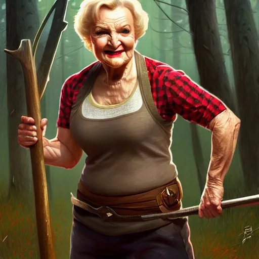 Image similar to a buff and sweaty betty white as a beardless lumberjack chopping wood, intricate, headshot, highly detailed, digital painting, artstation, concept art, sharp focus, cinematic lighting, illustration, art by artgerm and greg rutkowski, alphonse mucha, cgsociety