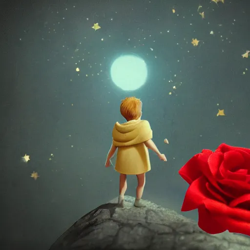 Image similar to the little prince holding a red rose illustration, bokeh, octane render, award winning, trending on art station