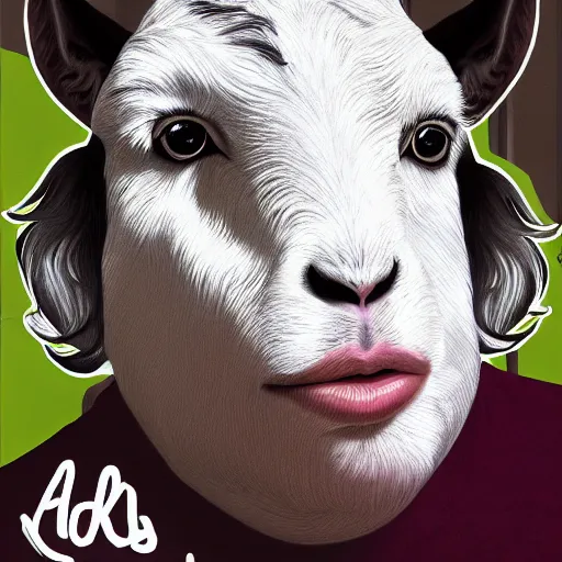 Image similar to andy milonakis as a goat, goat body, human head, anthropomorphic, 4 k, photorealistc, high details