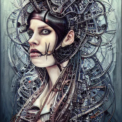 Image similar to a portrait of a woman with mechanical patterns by android jones and hr giger