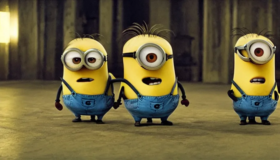 Image similar to the movie se7en!!!!!!!!!!! starring ((minions)), movie still, directed by David fincher