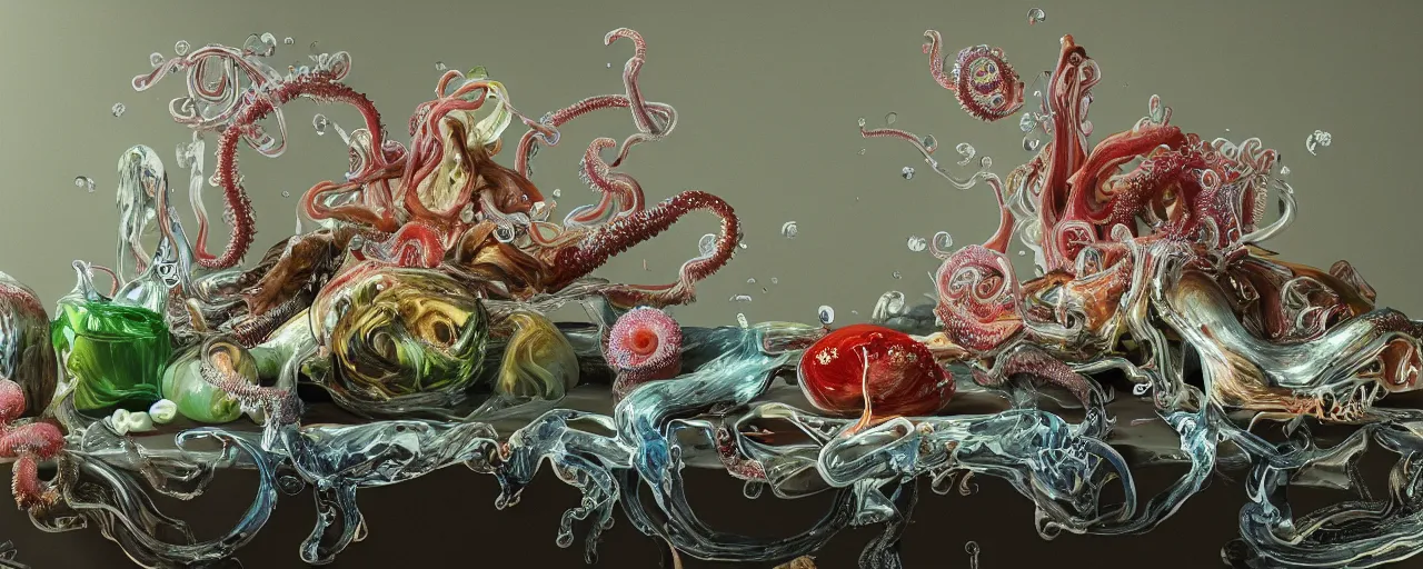 Image similar to ultradetailed reailistic still life with jelly flowers by ernst haeckel, caravaggio, roger dean and andrei tarkovsky, slime and tentacles, wide angle, cinematic, octane render, bokeh, unreal engine, 4k 3d render