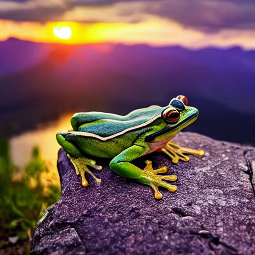 Prompt: frog with a crown on a throne in beautiful mountains watching a sunset, photograph