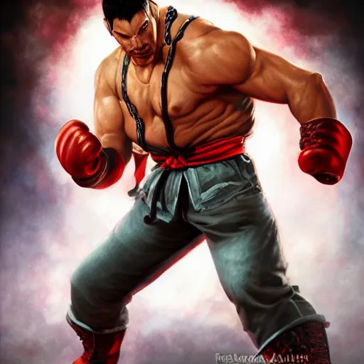 Image similar to freddy mercury as ryu street fighter, uppercut, ultra realistic, concept art, intricate details, highly detailed, photorealistic, octane render, 8 k, unreal engine, art by frank frazetta, simon bisley, brom