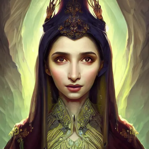 Image similar to head-on centered symmetrical painted portrait, Mahira Khan as a D&D wizard, intricate fantasy robes, fantasy, intricate, elegant, highly detailed, digital painting, smooth, sharp focus, illustration, artstation, in the style of Artgerm and Anna Podedworna and Alex Ross