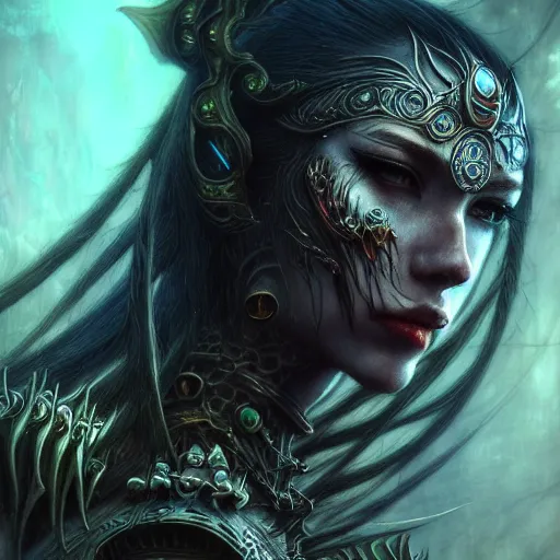 Image similar to a highly detailed long shot photo of chthonic warcraft female character by ayami kojima, beksinski, giger, intricate, digital painting, artstation, intricate, concept art, smooth, sharp focus, illustration