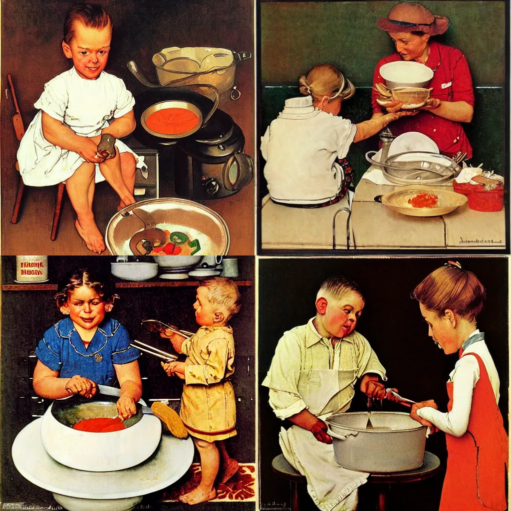 Prompt: Norman Rockwell painting of a person cooking soup with their child