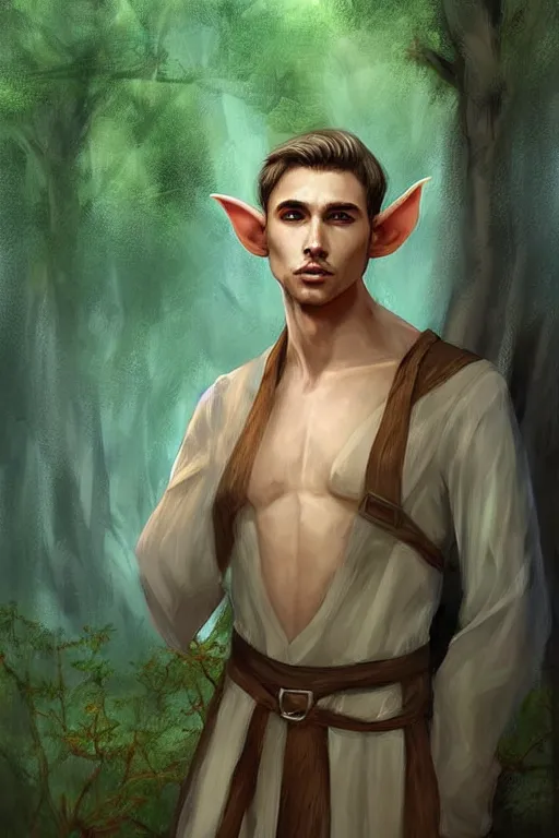 Image similar to beautiful, digital art, portrait painting of a male elf wizard, wearing linen cloth. forest background. artstation, by jisu choe