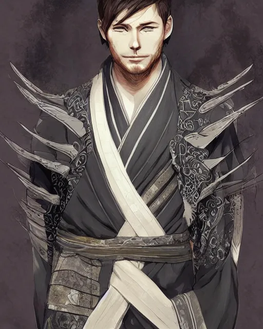 Image similar to an anime portrait of jensen ackles as a beautiful man wearing a kimono from skyrim, by stanley artgerm lau, wlop, rossdraws, james jean, andrei riabovitchev, marc simonetti, and sakimichan, trending on artstation