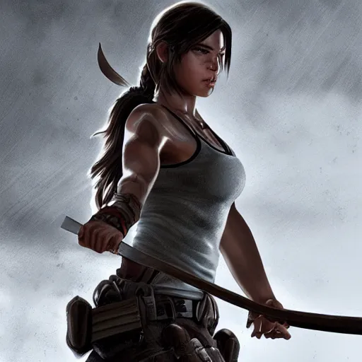 Image similar to Lara croft as samurai , wet face , heavy rain, dirt face ,dramatic, intricate, highly detailed, concept art, smooth, sharp focus, illustration, Unreal Engine 5, 8K