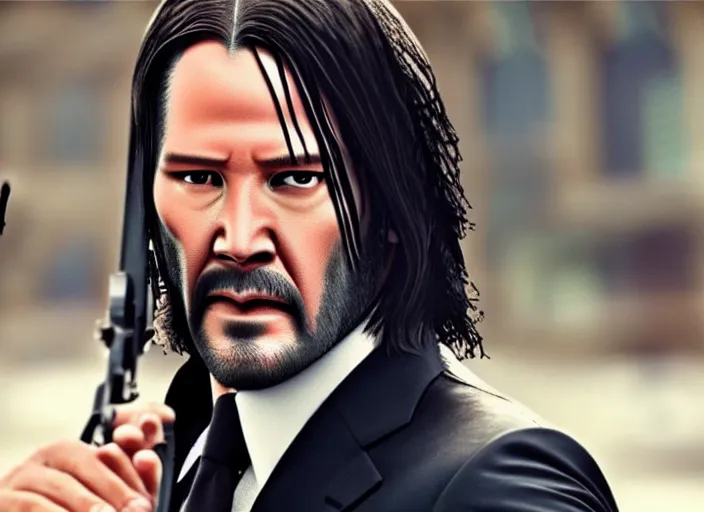 Prompt: genderswapped john wick, award winning shot, close up, action movie