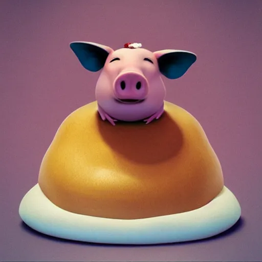 Image similar to “ pixar style pig meditating on top of a giant mushroom cap. ”