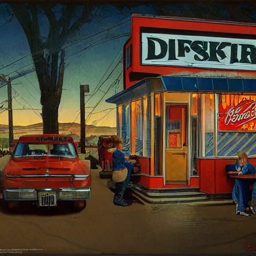 Image similar to a roadside diner open since the 7 0 s in ohio : with free coffee refills, daily specials, and a door you must never open, high quality high detail art by david mattingly and norman rockwell and nc wyeth, hd, realistic, photorealistic lighting, modern supernatural horror.