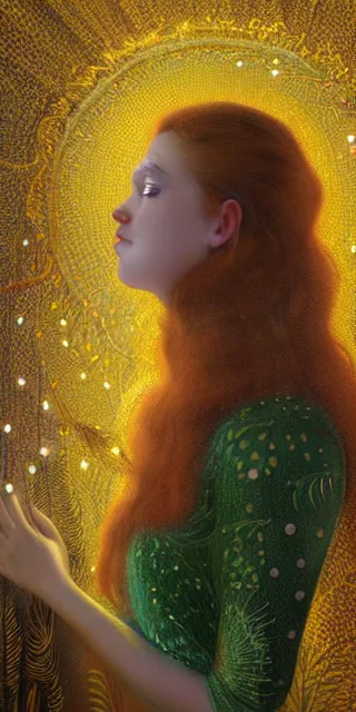 Image similar to young woman, full covering intricate detailed dress, serene smile, surrounded by golden firefly lights amidst nature, long red hair, precise linework, accurate green eyes, small nose with freckles, beautiful smooth oval shape face, empathic, expressive emotions, dramatic lights spiritual scene, hyper realistic ultrafine art by artemisia gentileschi, jessica rossier, boris vallejo
