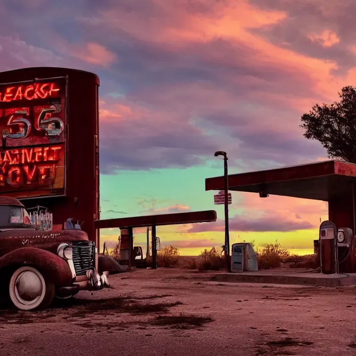 Image similar to a sunset light landscape with historical route 6 6, lots of sparkling details and sun ray ’ s, blinding backlight, smoke, volumetric lighting, colorful, octane, 3 5 mm, abandoned gas station, old rusty pickup - truck, beautiful epic colored reflections, very colorful heavenly, softlight