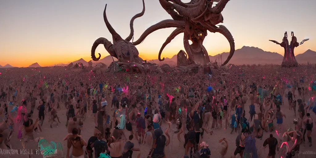 Prompt: a giant pink xenomorph statue in the middle of crowd of ravers dancing at Burning Man in the desert, sunset, hd 35mm photography, big clouds, cinematic