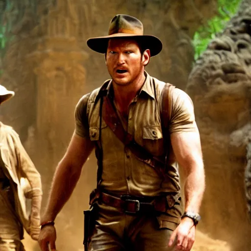 Image similar to still from the Indiana Jones movie with chris pratt, award-winning cinematography, 4k