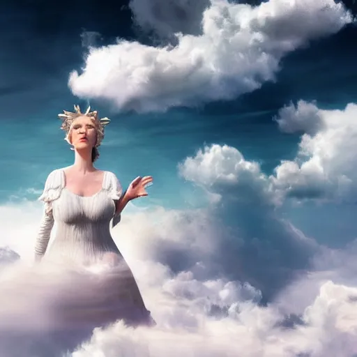 Prompt: goddess wearing a cloud fashion on the clouds up there, photoshop, colossal, creative, albino skin, giant, digital art, photo manipulation, is looking down on us from above, clouds, covered in clouds, girl clouds, on clouds, covered by clouds, airplane in the sky, white hair, digital painting, artstation