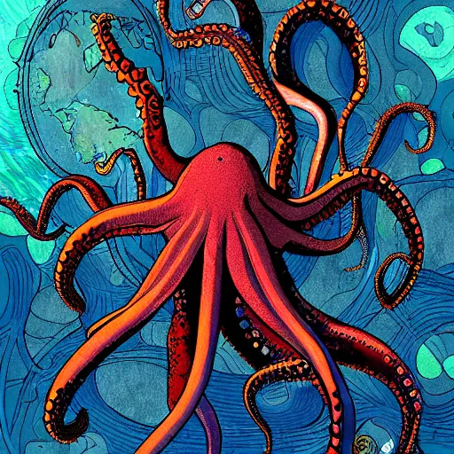 Image similar to octopus taking over the planet, earth cataclysm, digital painting, deviant art, complex details