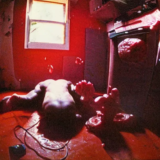 Prompt: 1 9 9 3, disposable camera, flash, old house, creature, meat, ooze, slime, veins, pov