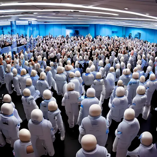 Image similar to unorganized crowd of angry chubby women, white hair, tight light blue neopren space uniforms, futuristic production facility, sci - fi, highly detailed, cinematic