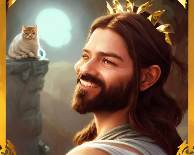 Prompt: photography of jesus christ with uwu smile and cute cat ears, deep focus, d & d, fantasy, intricate, elegant, highly detailed, simple background, digital painting, artstation, concept art, matte, sharp focus, illustration, hearthstone, art by artgerm and greg rutkowski and alphonse mucha