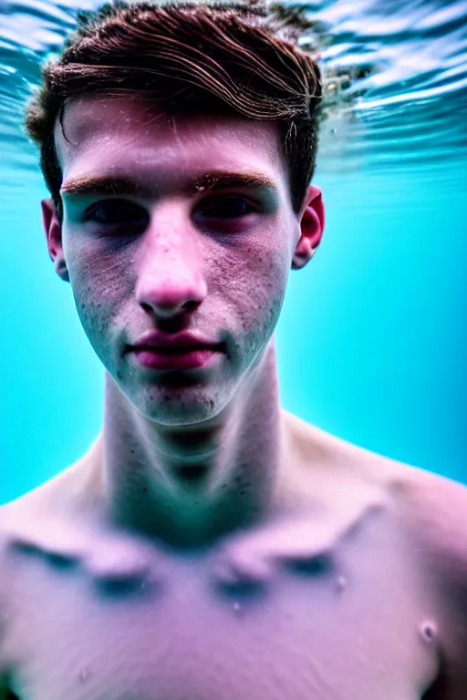Prompt: high quality pastel coloured film mid angle docu photograph of a beautiful young 2 0 year old male, soft features, short black hair, swimming, submerging in an icelandic black rock pool environment. atmospheric. three point light. photographic. art directed. ( pastel colours ). volumetric light. clearcoat. waves glitch. 8 k. filmic.