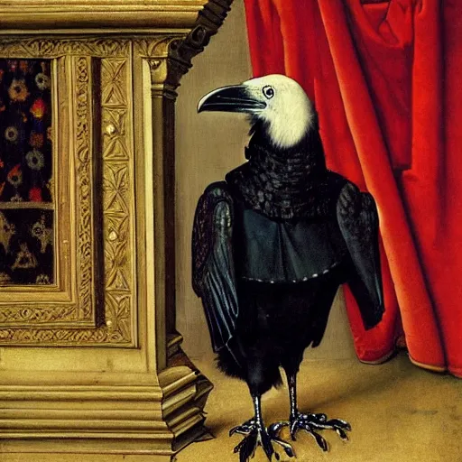 Image similar to a highly detailed painting of a raven dressed as an elegant tudor gentleman, in a richly appointed medieval room, by hans holbein