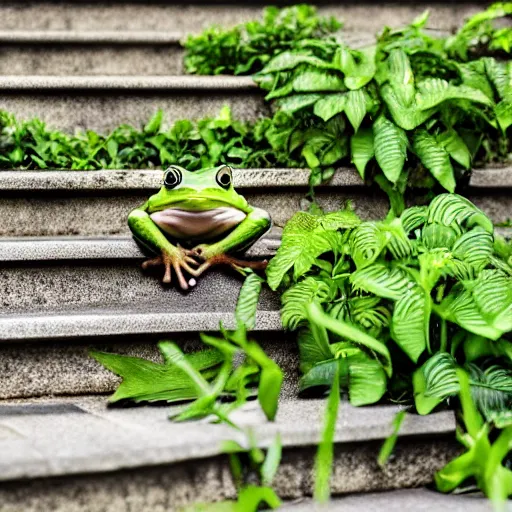 Prompt: two frogs sitting on concrete stairs, among green plants and grass