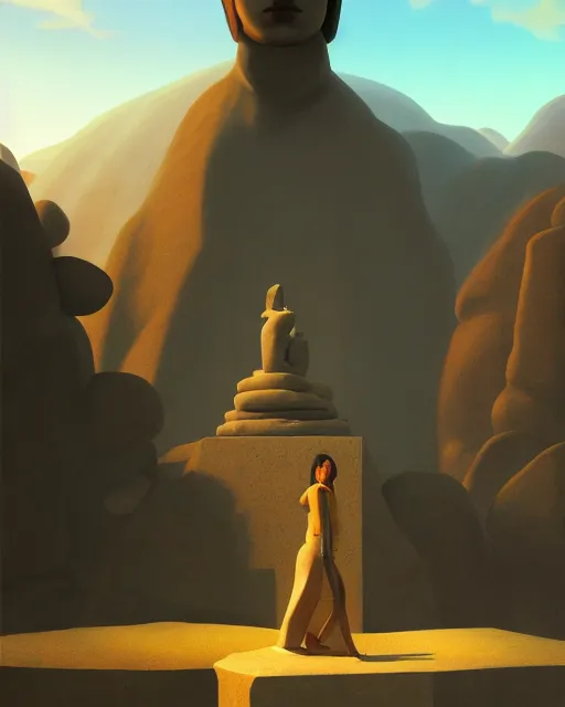 Image similar to a painting of a real woman standing in front of a huge stone statue, a screenshot by stanley twardowicz, cgsociety, aestheticism, aesthetic, vaporwave, anime aesthetic