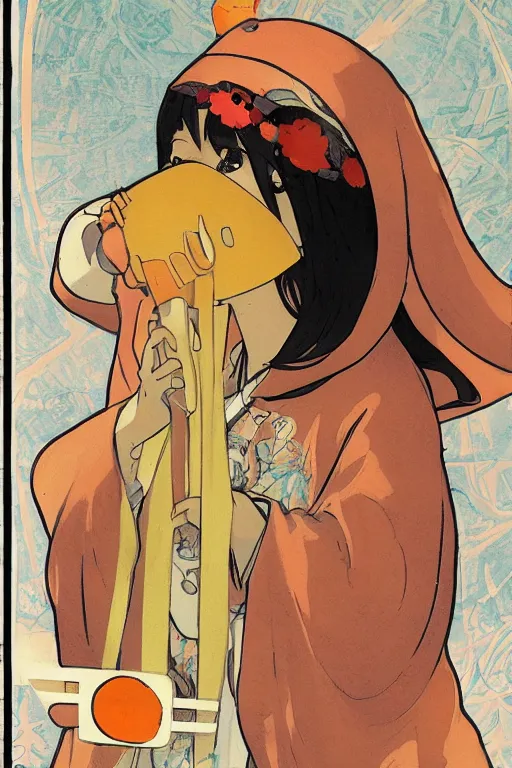 Image similar to a Girl in a large hood sitting on the ground and there have orange slices and album and Microphone around her,Visual Communication Design by studio ghibli and mucha ,Refreshing colour