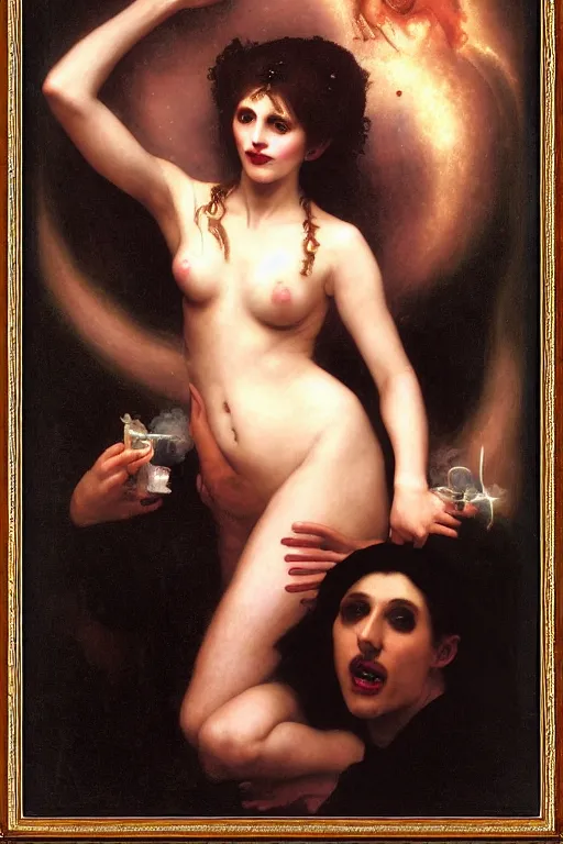 Image similar to a renaissance oil painting by alma tadema of demonic beautiful vampire woman mistress of death mourning widow in cosmos, cloudy nebula background, faint smile dark lipstick, hair bun, dark lit candles, colourful pastel trending artstation, detailed portrait academic bouguereau caravaggio high shadow contrast medium shot, rococo frame