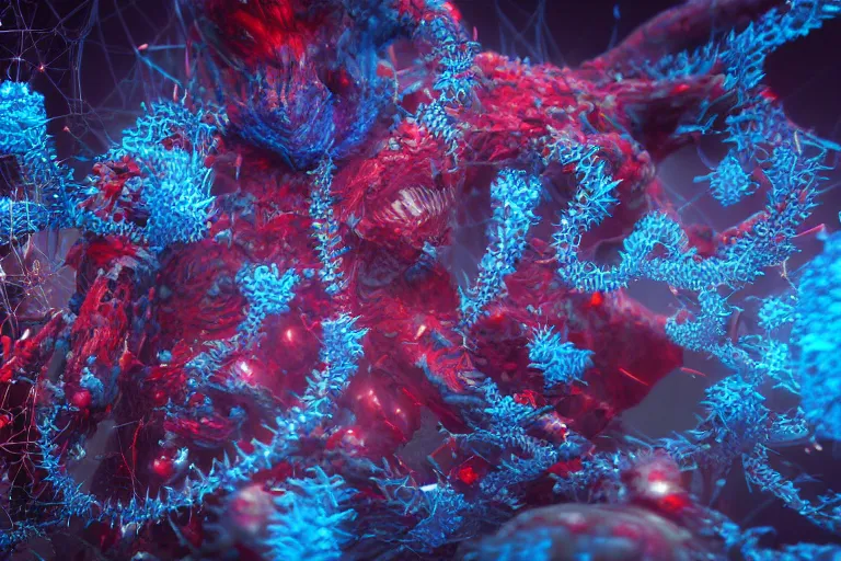 Prompt: a virus infects his host with spikes, macro, micro, nano tubes, molecular, blue and red colors, bokeh, hypermaximalistic, high details, cinematic, 8k resolution, beautiful detailed, insanely intricate details, artstation trending, octane render, unreal engine