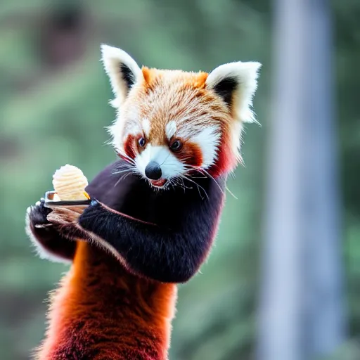 Prompt: An red panda eating an icecream, Canon EOS R3, f/1.4, ISO 200, 1/160s, 8K, RAW, unedited, symmetrical balance, in-frame