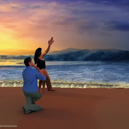 Prompt: dream beach proposal at sunset, hyper realistic, high resolution