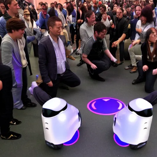 Prompt: people bowing down and worshipping their AI robot overlords