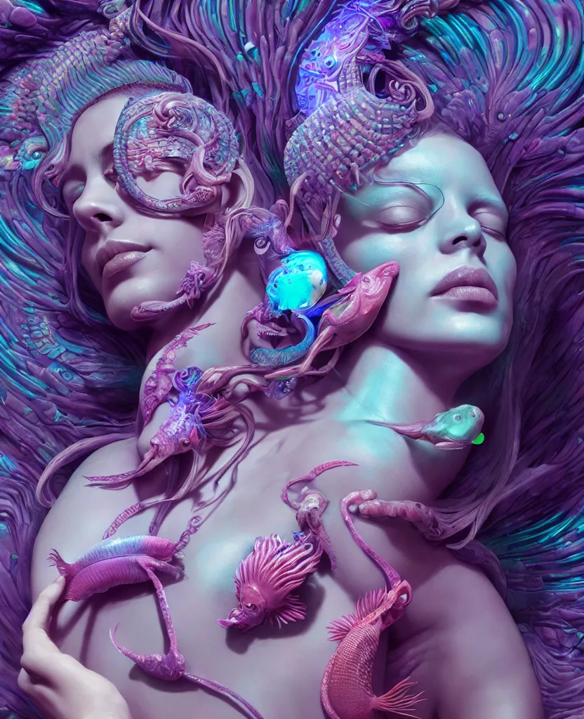 Image similar to goddess full color painted acryllic sculpture close-up portrait. orchid bird phoenix head, nautilus, skull, betta fish, bioluminiscent creatures, intricate artwork by Tooth Wu and wlop and beeple. octane render, trending on artstation, greg rutkowski very coherent symmetrical artwork. cinematic, hyper realism, high detail, octane render, 8k