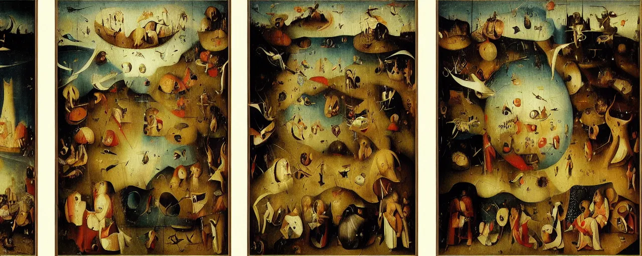 Image similar to World Peace Triptych by Hieronymus Bosch, surreal oil painting, highly detailed, dream like, masterpiece