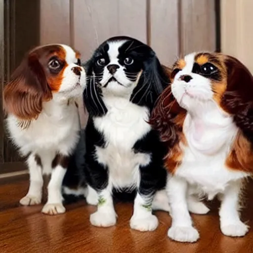 Prompt: one Cavalier King Charles Spaniel and two ragdoll kittens and one black cat drinking beer in the style of norman rockwell