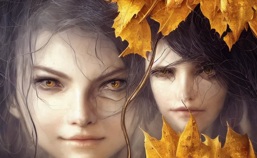 Image similar to golden leaves at frame border, creative!!! composition for a book cover!!!, absurdly beautiful, ultrafine hyperrealistic detailed old witch face by wlop and artgerm and greg rutkowski, intricate linework, sharp focus, smooth, octopath traveler, final fantasy, unreal engine, dramatic lighting, ethereal, 8 k