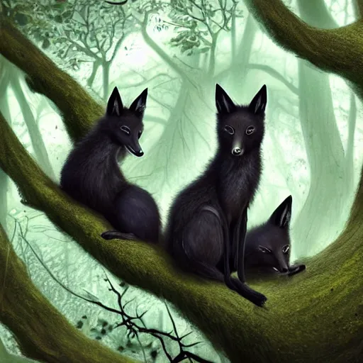 Prompt: three black foxes sitting on a high branch in a tree looking down, dense green forest, night time, pitch black sky, stars, extreme low angle shot, detailed illustration, hd, overdetailed art, photorealistic, by Aaron Blaise, trending on ArtStation, concept art, cgsociety, octane render, trending on artstation, artstationHD, artstationHQ, unreal engine, 8k