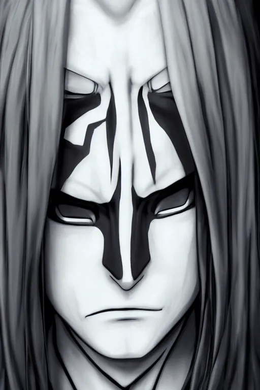 Image similar to orochimaru naruto character portrait, realistic, 4 k, photo realism, black and white, perfect face