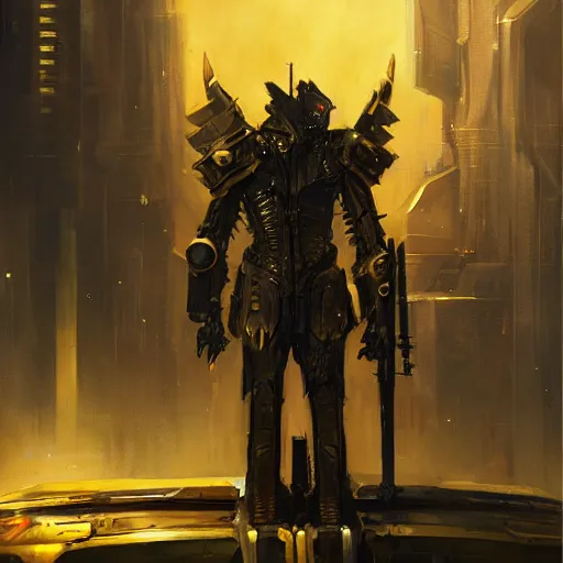 Prompt: anthropomorphic cyberpunk warrior stands tall wearing black and gold armor, oil painting, Tooth Wu, Greg Rutkowski, RPG, dynamic lighting, fantasy art, High contrast, depth of field, landscape, scenery