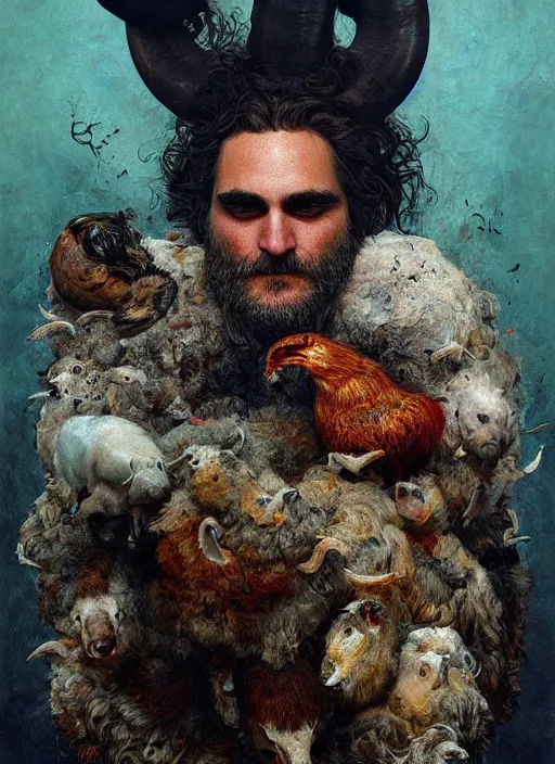 Image similar to a hyper detailed painting of joaquin phoenix surrounded by animals, cow horns, pig nose, sheep wool, chicken feather, horror, by anna podedworna, by miklos ligeti, by diego maricato, by taran fiddler, by antonino truisi, by chris reddie, by jinsung lim, trending on artstation