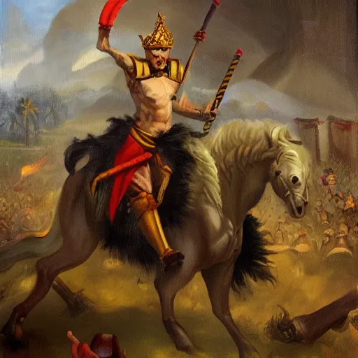 Image similar to the king of trolls after destroying the rival armies in a tough fight. oil painting