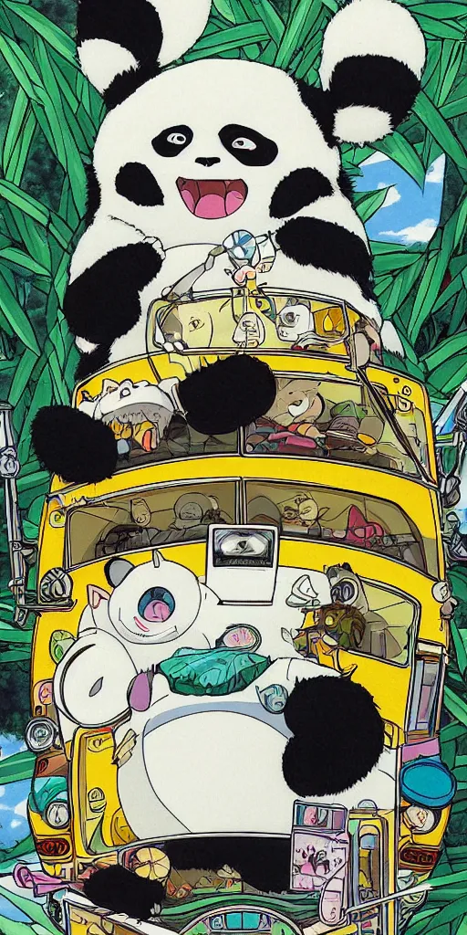 Image similar to a panda bus like totoro, 1990s anime, full color, tarot card the chariot, highly detailed,