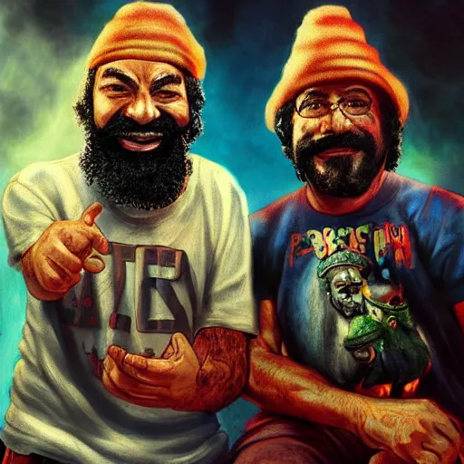 Prompt: portrait of cheech and chong, concept art, artstation, highly detailed, up in smoke, cinematic smoke background,